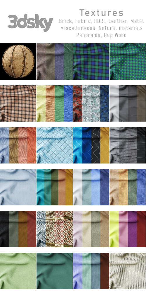 3DSky - Textures - Brick, Fabric, HDRI, Leather, Metal, Miscellaneous, Natural materials, Panorama, Rug Wood 3DSky - Textures - Brick, Fabric, HDRI, Leather, Metal, Miscellaneous, Natural materials, Panorama, Rug Wood