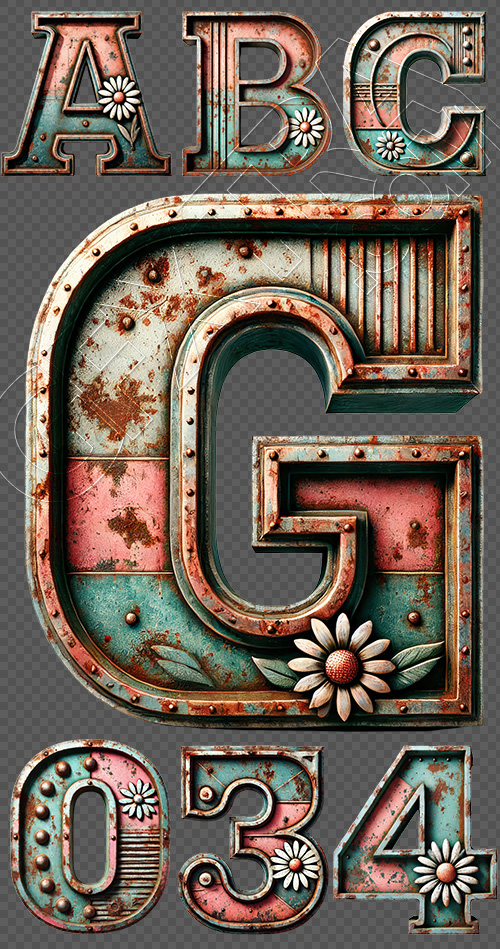 Steampunk Rusty Pink Metal Daisy Alphabets 36xPNG Steampunk Rusty Pink Metal Daisy Alphabets 36xPNG
