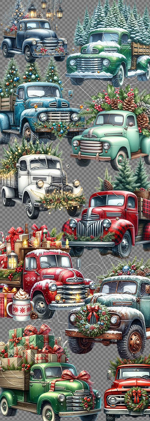 Vintage Truck Illustrations Carrying Christmas Trees 58xPNG Vintage Truck Illustrations Carrying Christmas Trees 58xPNG