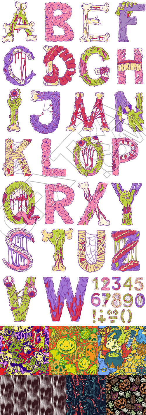 Scary Zombie Cartoon Letters & Patterns 17xAI Scary Zombie Cartoon Letters & Patterns 17xAI