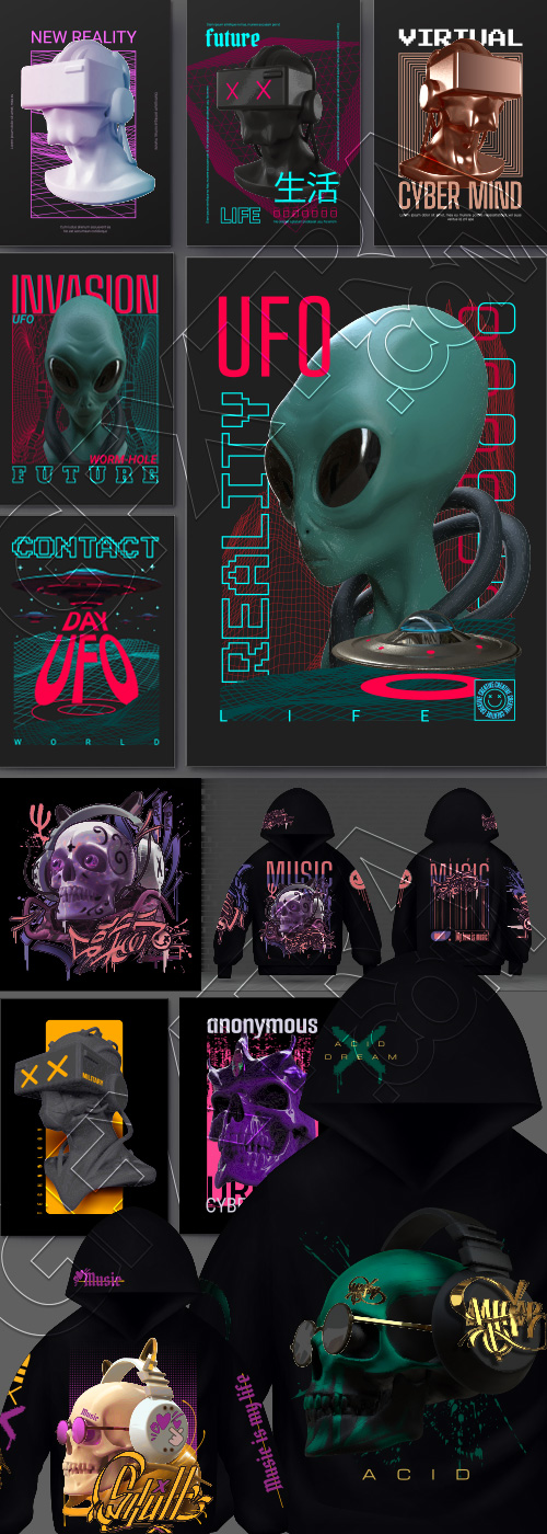 Techno Cyberpunk Style Hoodie & T-Shirt Designs 28xAI Techno Cyberpunk Style Hoodie & T-Shirt Designs 28xAI