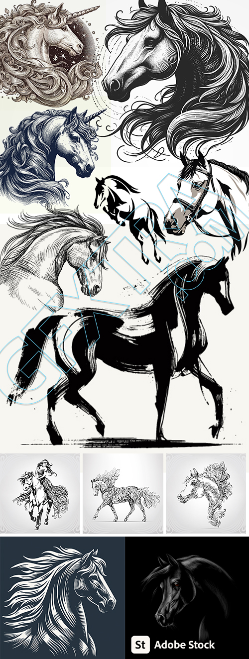 Horse Vector Art Illustrations #1, 25xAI Horse Vector Art Illustrations #1, 25xAI