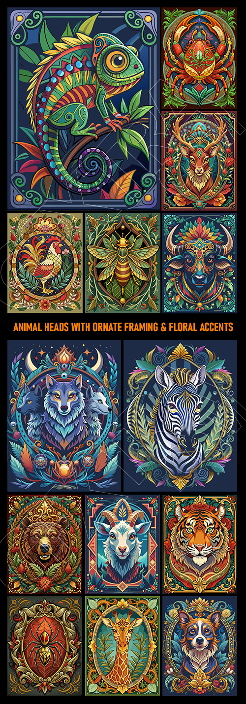 Animal Head with Ornate Framing and Floral Accents 25xAI Animal Head with Ornate Framing and Floral Accents 25xAI