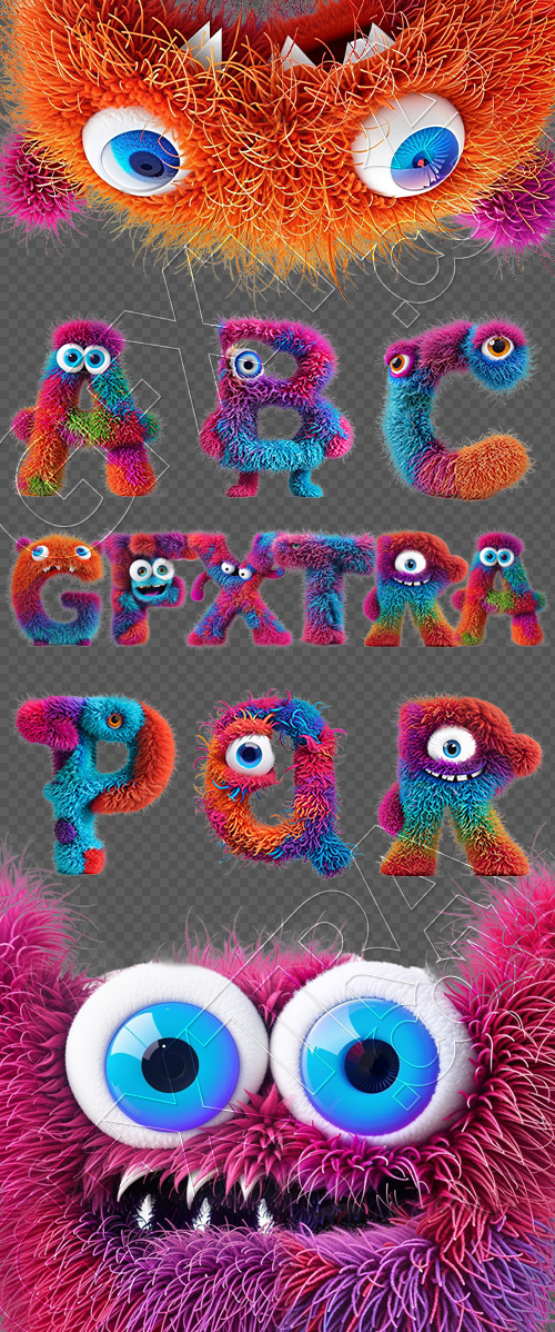 Furry Monsters - Funny Fluffy Wool Alphabet 27 Letters, 8xPNG Furry Monsters - Funny Fluffy Wool Alphabet 27 Letters, 8xPNG