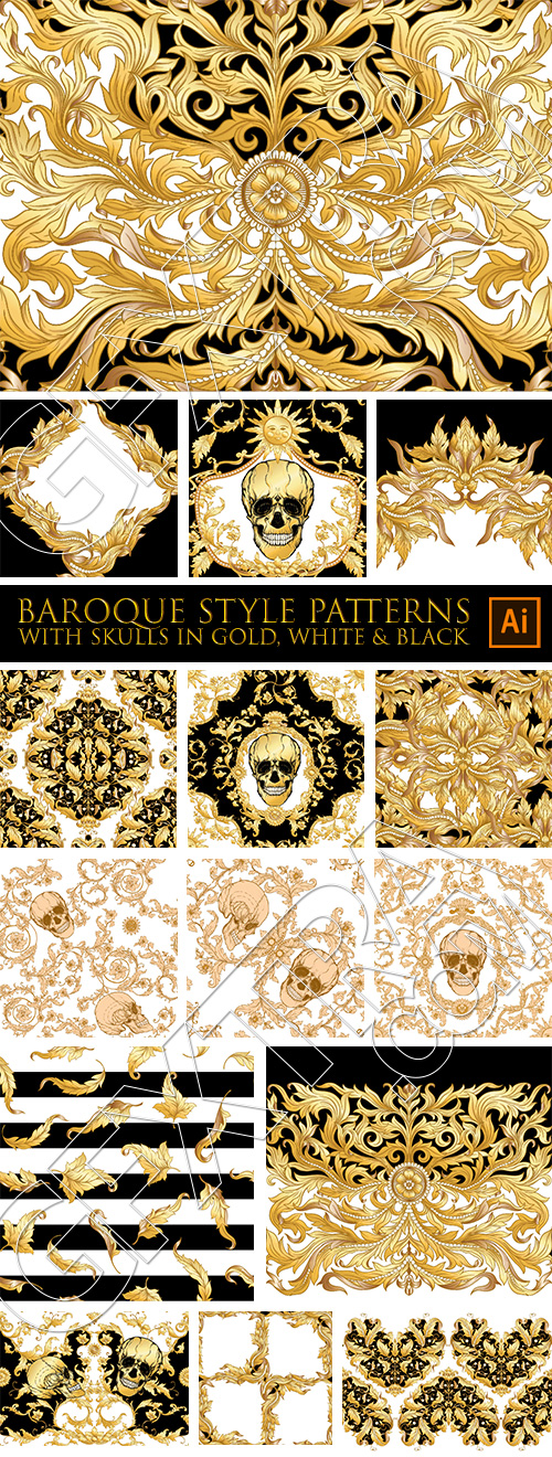 Baroque Style Patterns with Skulls in Gold White & Black 29xAI Baroque Style Patterns with Skulls in Gold White & Black 29xAI