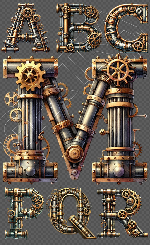 Steampunk Watercolor Metal Alphabet 26xPNG Steampunk Watercolor Metal Alphabet 26xPNG