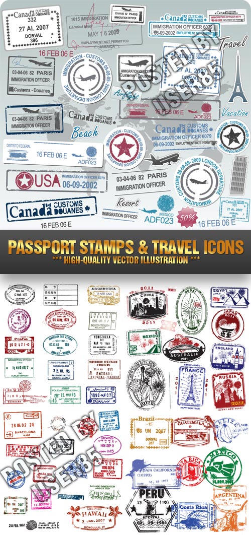 Stock Vector - Passport Stamps & Travel Icons