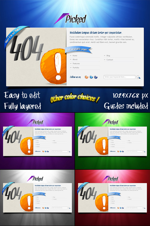 Picked 404 error page psd template