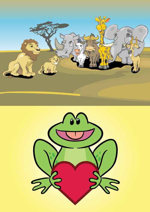 Vector Frog Character and African Animals Cartoon