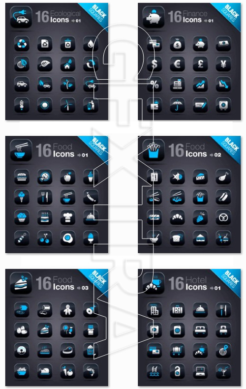 Icons on a black Squares vector, 25xeps