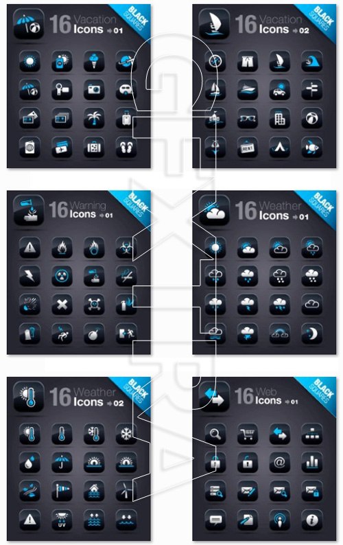Icons on a black Squares vector, 25xeps
