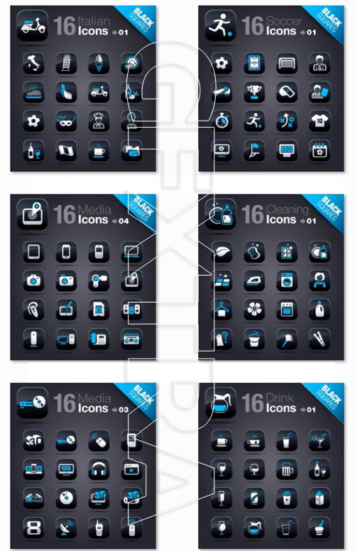 Icons on a black Squares vector, 25xeps