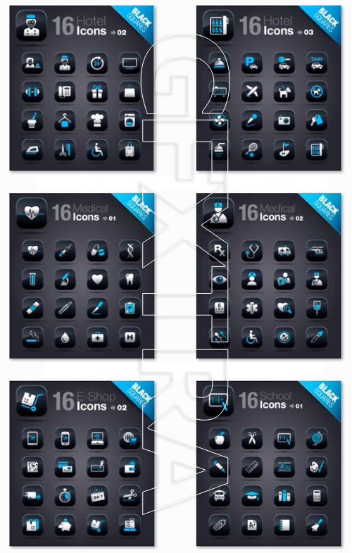 Icons on a black Squares vector, 25xeps