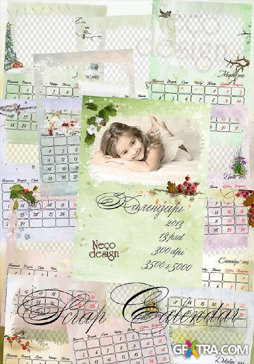 Loose-leaf scrap calendar framework for 2013 - PSD