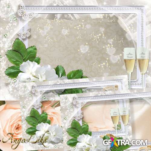 Gentle Wedding Photoframe - White Flowers, Rings and Champagne Glasses