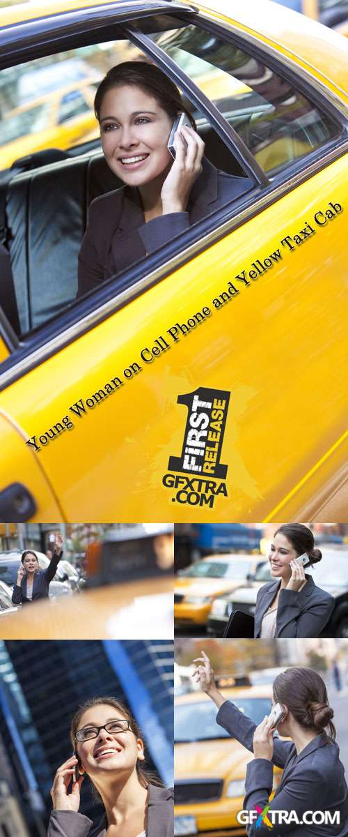 Stock Photo: Young Woman on Cell Phone and Yellow Taxi Cab