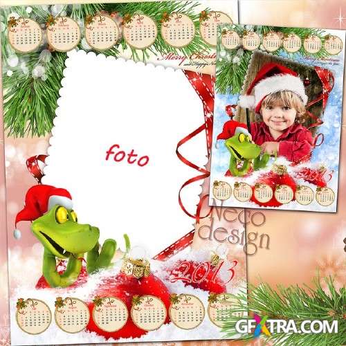 Merry Christmas Calendar - frame with a fun snake in santa hat for 2013