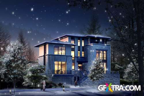 Snowing Winter Night and Xmas Home PSD