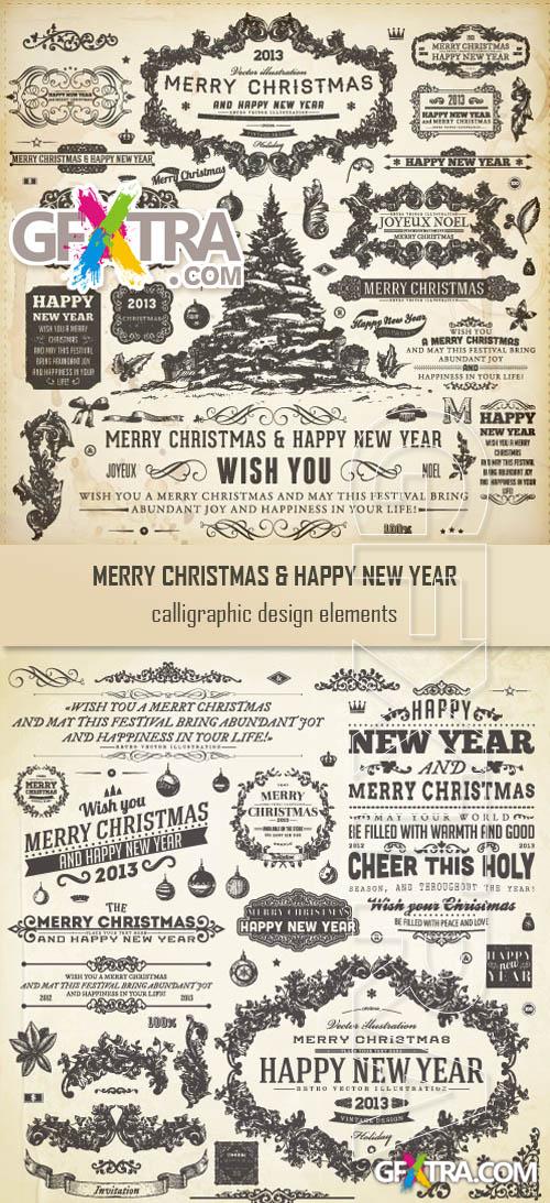 Merry Christmas and Happy New Year calligraphic design elements