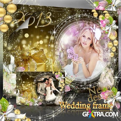 New Year's frame with shine for wedding photo with wedding rings and gifts - Christmas wedding