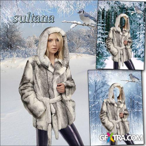 Winter female template for Photoshop - In a white fur coat