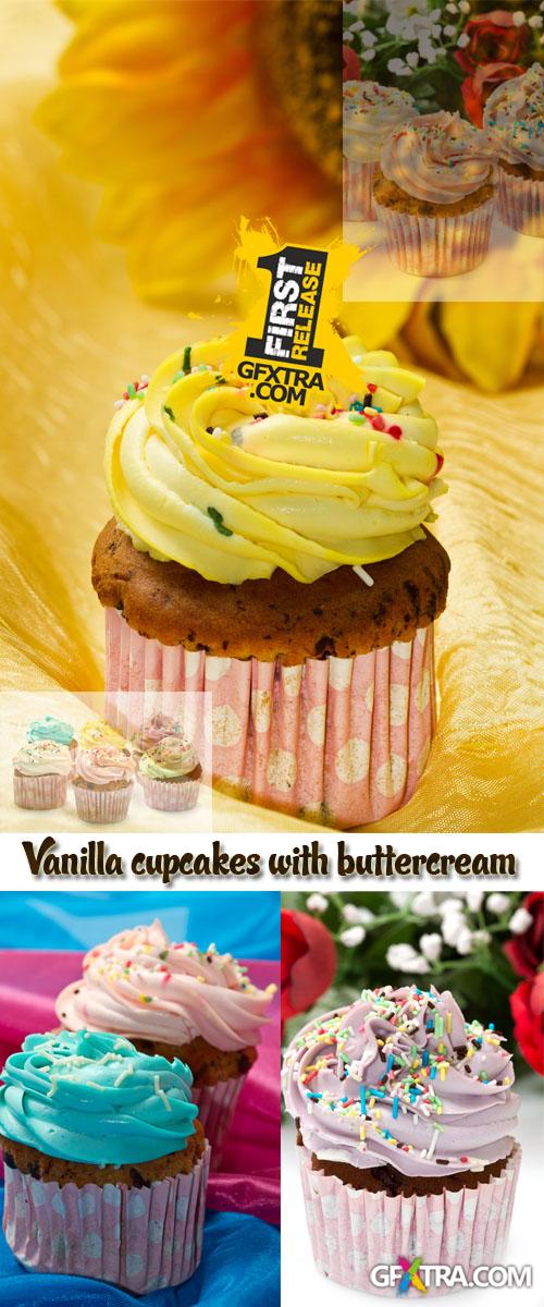 Stock Photo: Vanilla cupcakes with buttercream icing