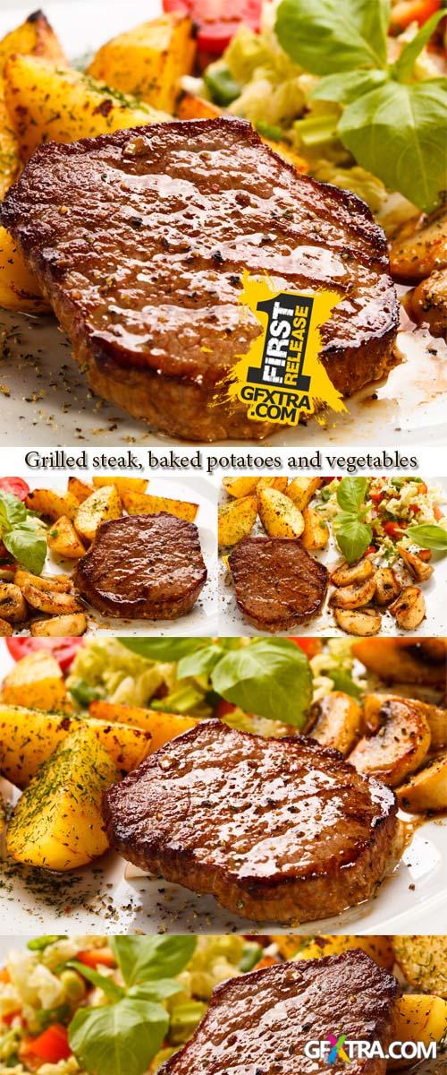 Stock Photo: Grilled steak, baked potatoes and vegetables