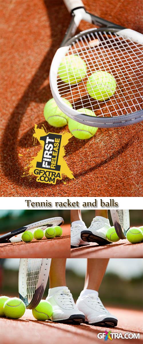 Stock Photo: Legs of athlete near the tennis racket and balls