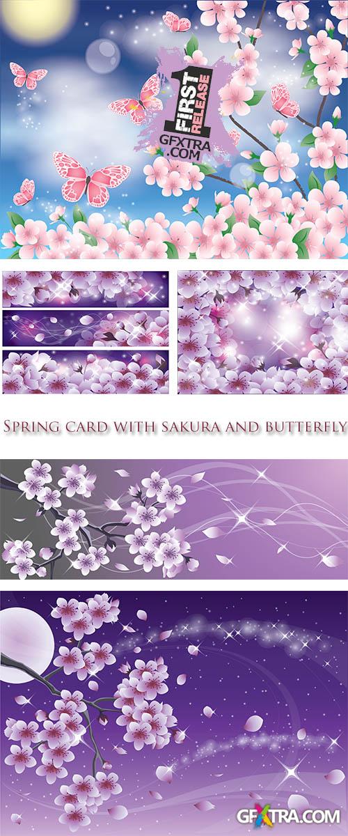 Stock: Spring card with sakura and butterfly