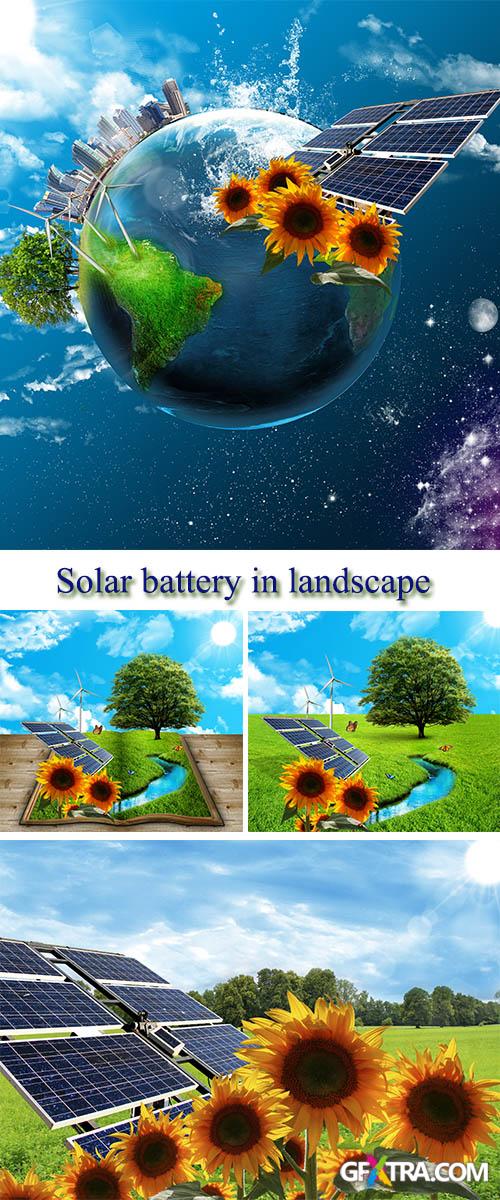 Stock Photo: Solar battery in landscape and sunflowers