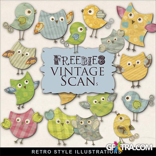 Scrap-kit - Retro Style Illustrations - Colored Papers Birds