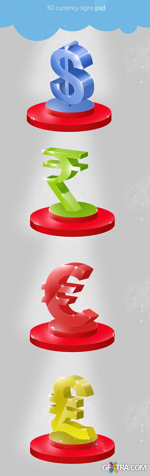 Beautiful 3D Currency Signs PSD