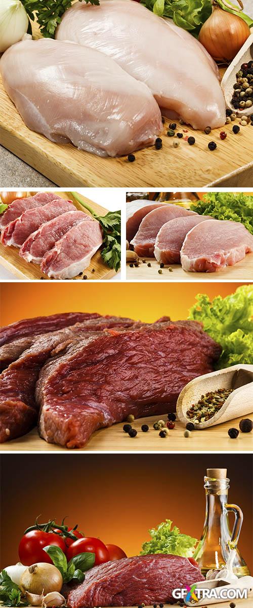 Stock Photo: Raw beef on cutting board and vegetables