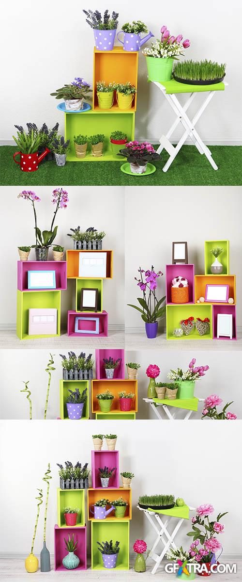 Stock Photo: Beautiful colorful shelves with different home related objects