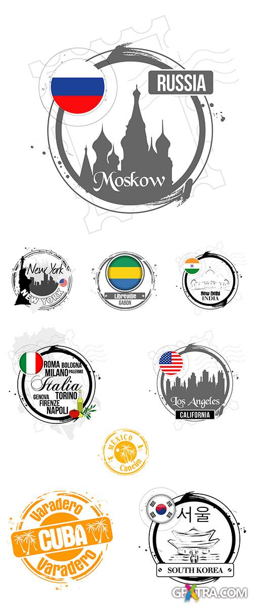 Stock: Round emblems of cities of the world, silhouettes of sights, vector