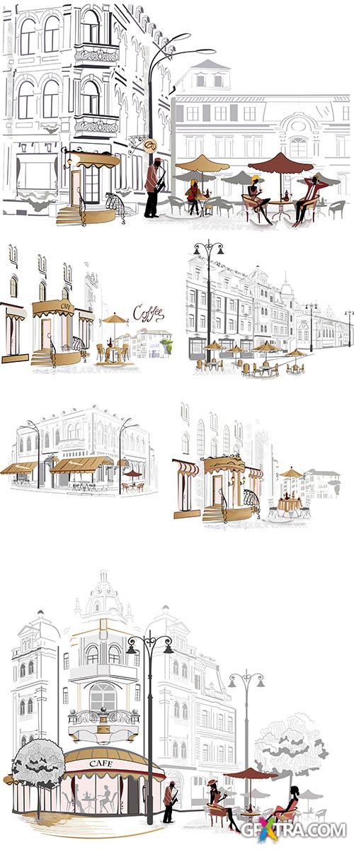 Stock: Series of street cafe in sketches