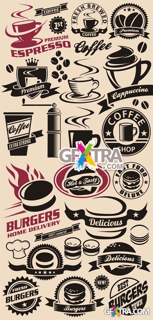 Coffee and burgers retro labels