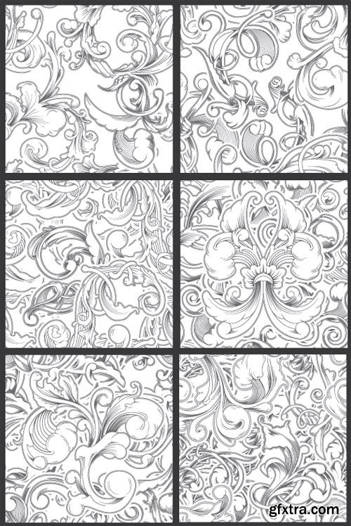 Seamless Vector Patterns Floral Chaos Engraved Set 62