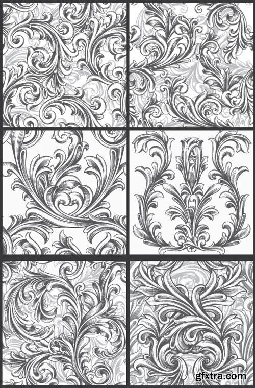 Seamless Vector Patterns Floral Chaos Engraved Set 63