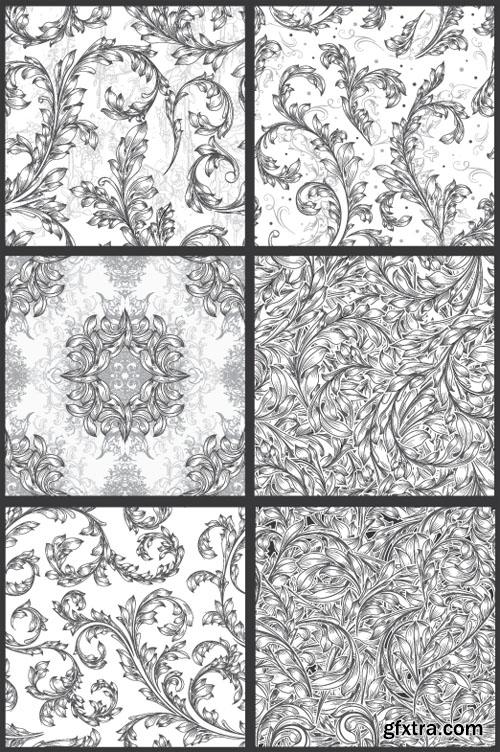 Seamless Vector Patterns Floral Chaos Engraved Set 67