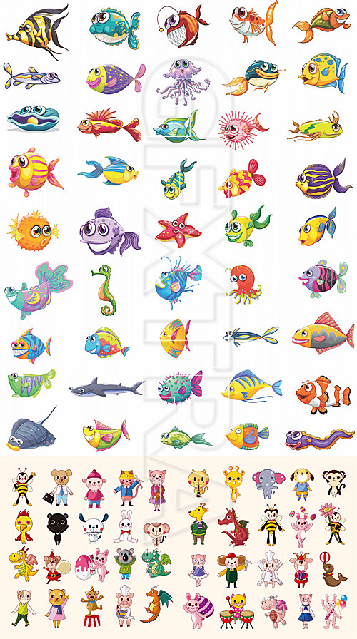 Cartoon fishes and animals