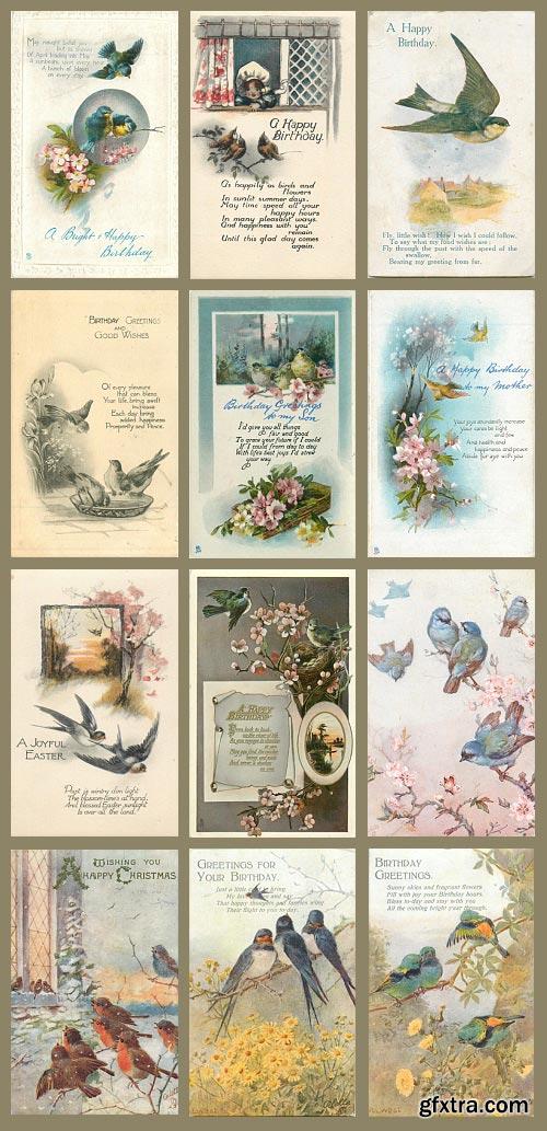 Vintage Birds Celebration Cards 88xJPGs