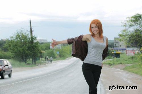 Stock Photo - Girl Stop Car