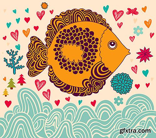 Stylized funny fish, backgrounds - VectorImages