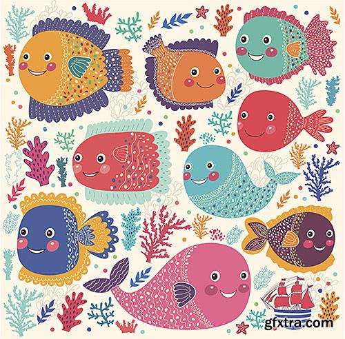 Stylized funny fish, backgrounds - VectorImages