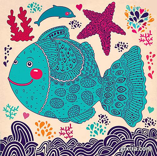 Stylized funny fish, backgrounds - VectorImages