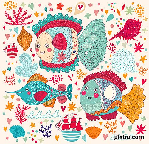 Stylized funny fish, backgrounds - VectorImages