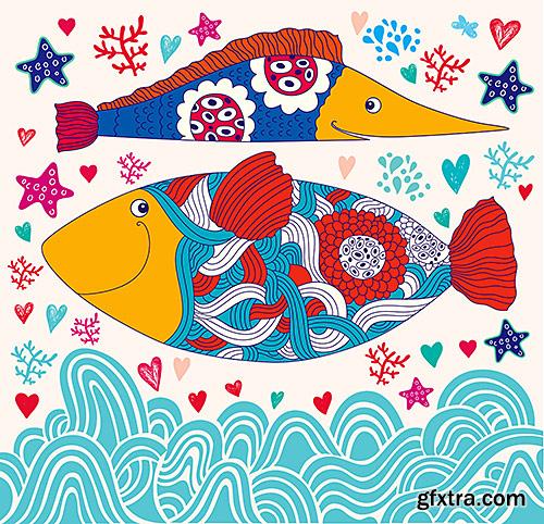 Stylized funny fish, backgrounds - VectorImages