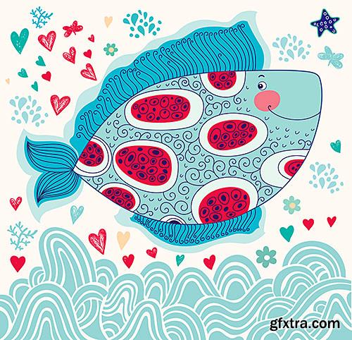 Stylized funny fish, backgrounds - VectorImages