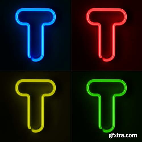 Neon Letters Rendered in 4 Colours on Dark Background 26xJPGs